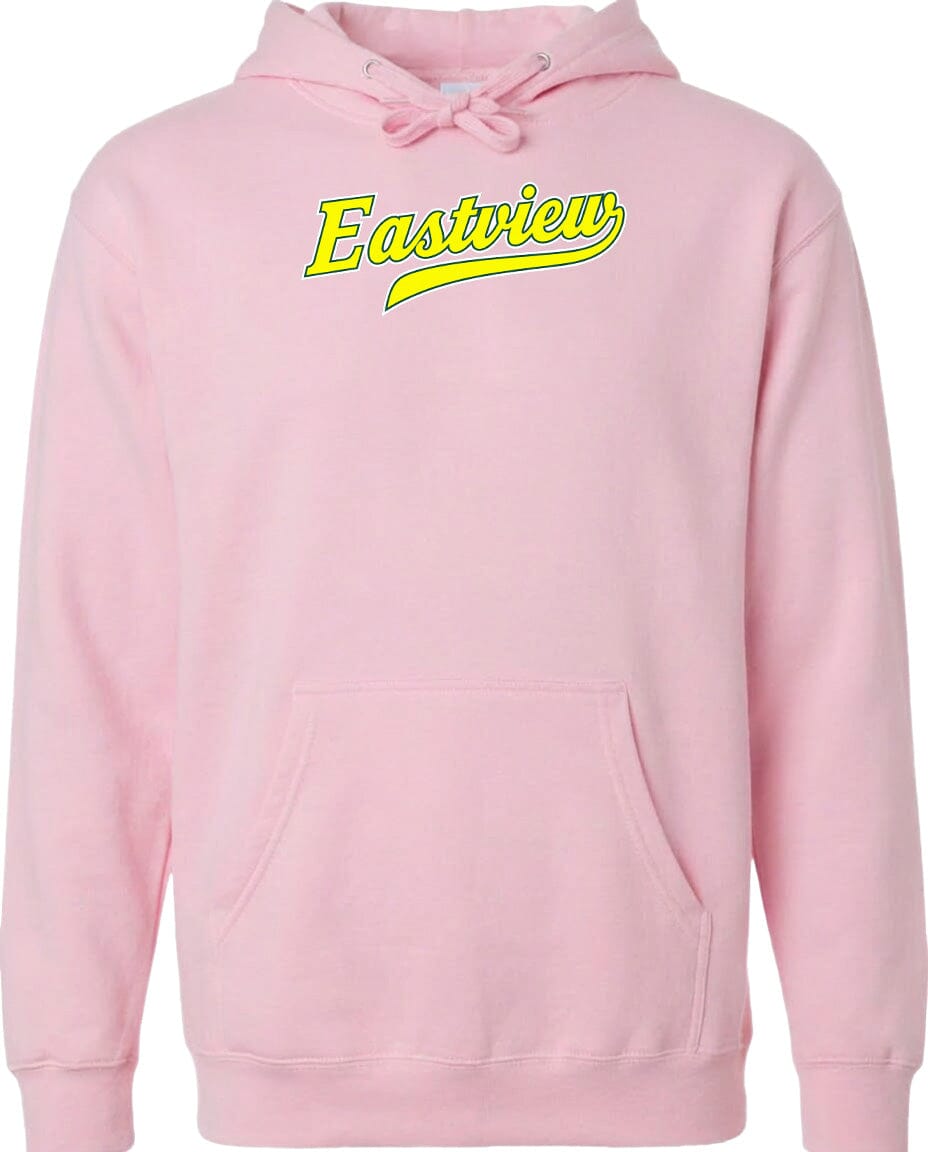 A pink hoodie with the word "Eastview" printed in yellow on the front.