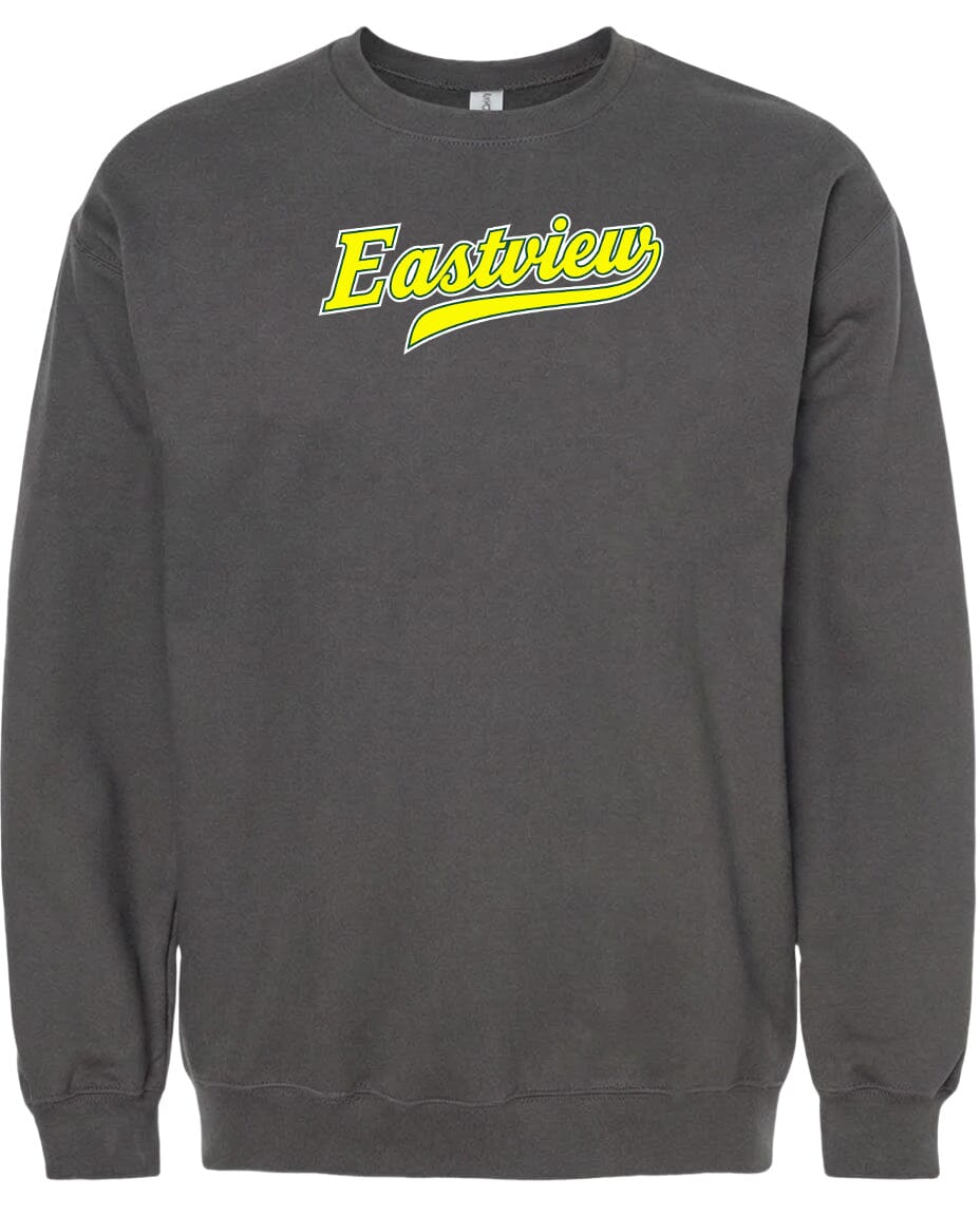 A gray sweatshirt with the word "Eastview" printed in yellow on the front.