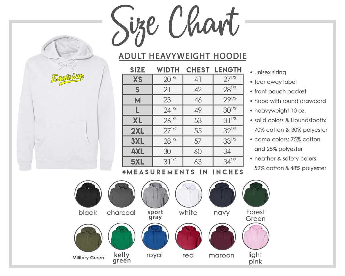 The image is a size chart for an adult heavyweight hoodie, including various color options and measurements in inches.