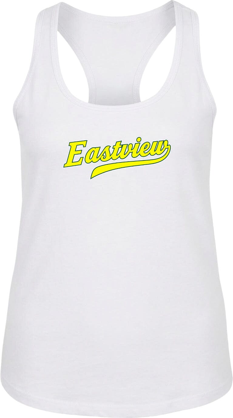 A white tank top with the text "Eastview" printed in yellow on the front.