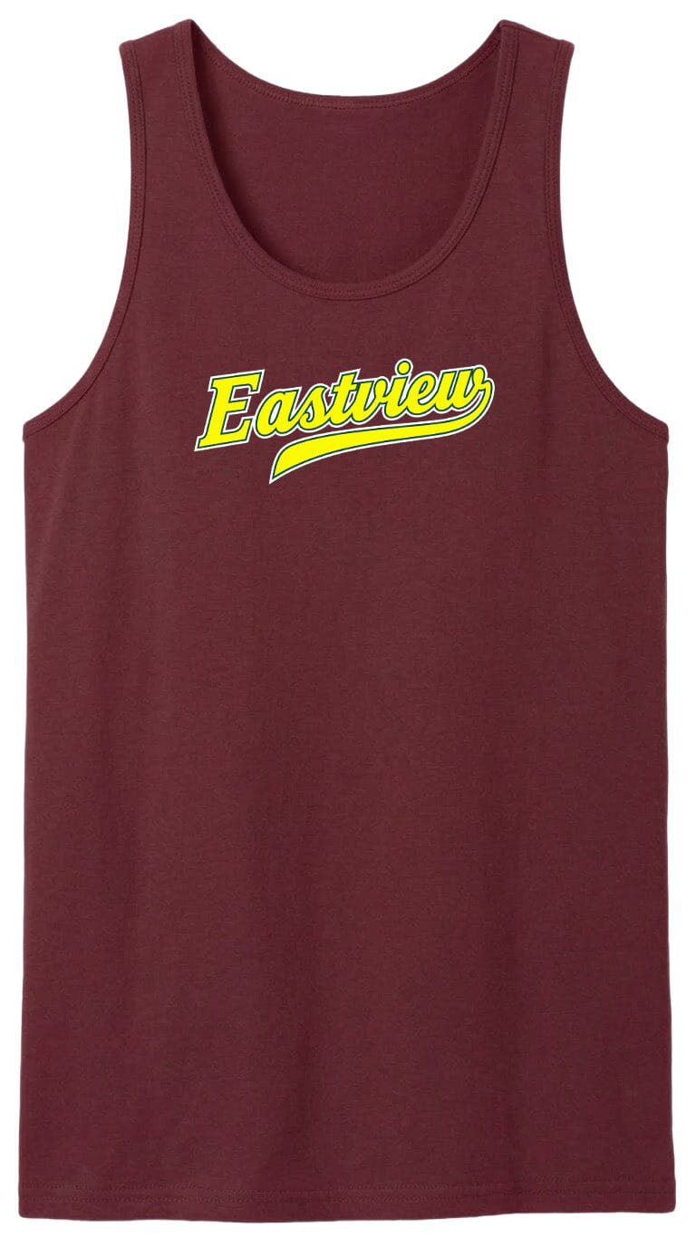 A burgundy-colored tank top with the word "Eastview" printed in yellow on it.