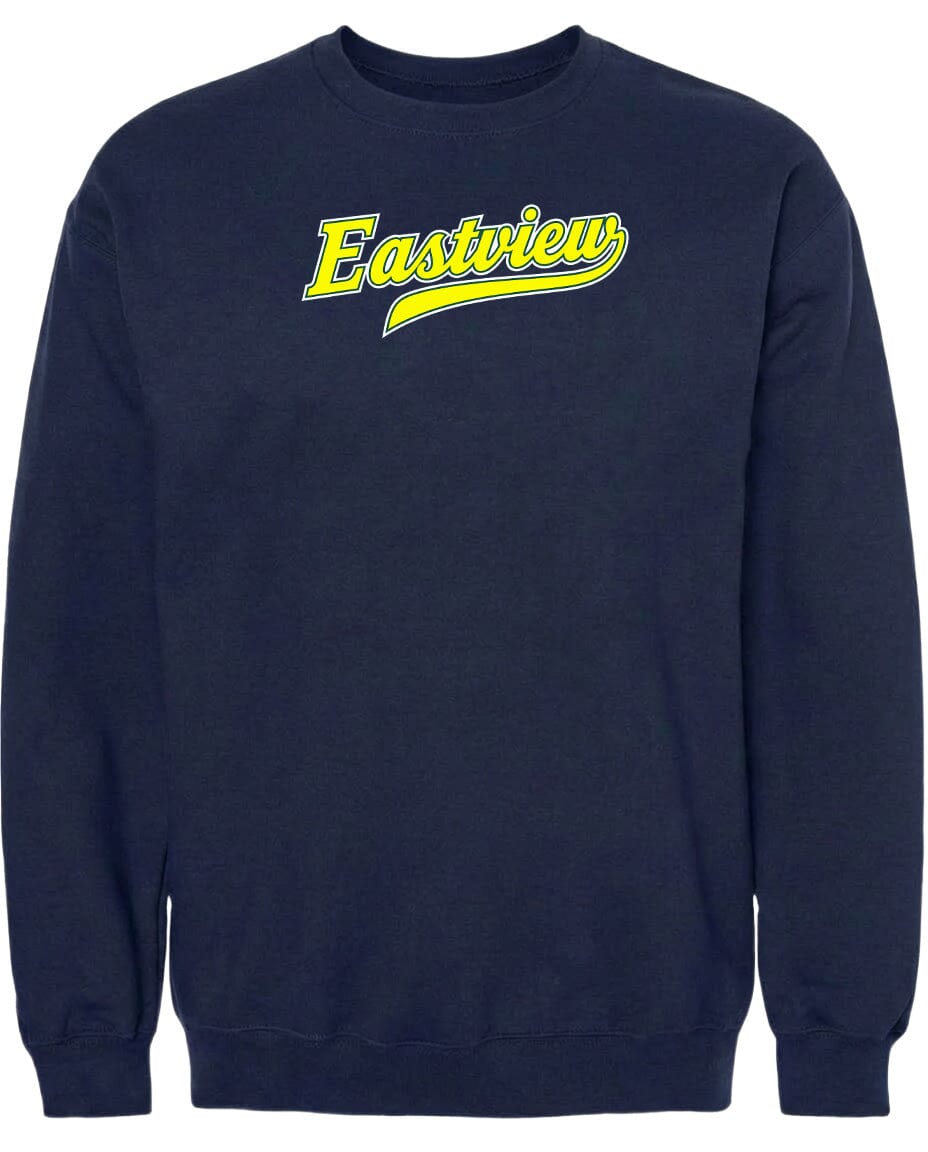 A navy blue sweatshirt with the word "Eastview" printed in yellow on the front.
