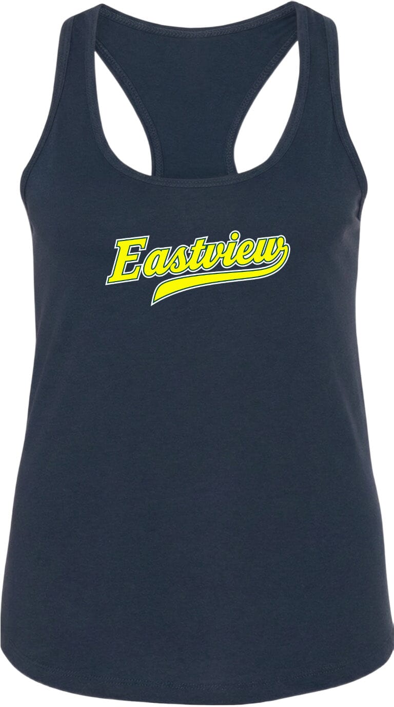 A navy blue tank top with the word "Eastview" printed in yellow on the front.