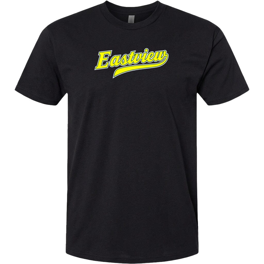 A black t-shirt with the word "Eastview" printed in yellow on the front.