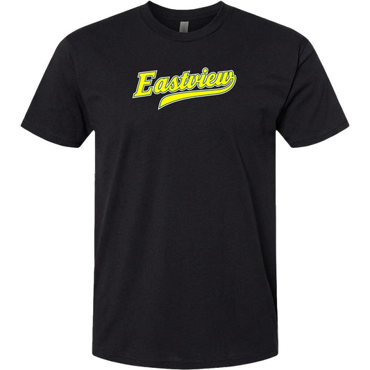 A black t-shirt with the word "Eastview" printed in yellow on the front.