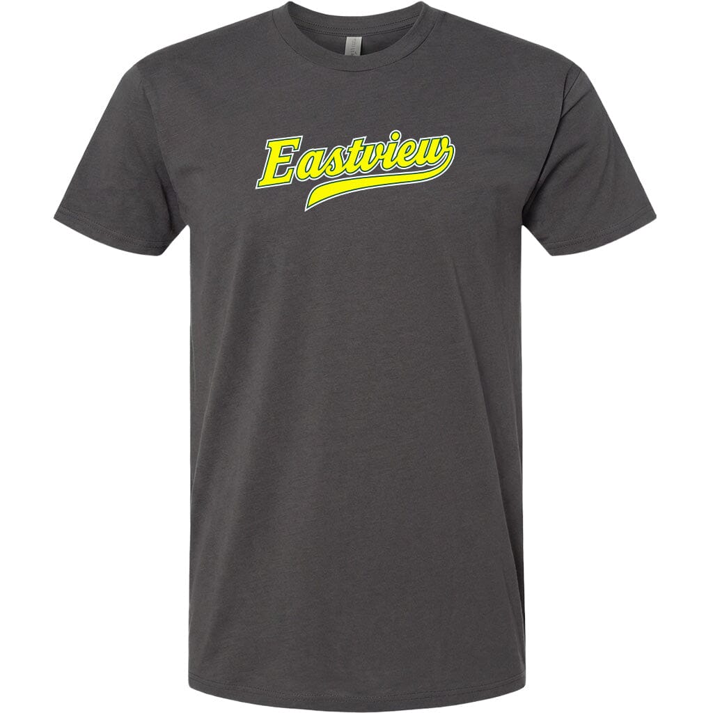 A gray t-shirt with the word "Eastview" printed in yellow on the front.