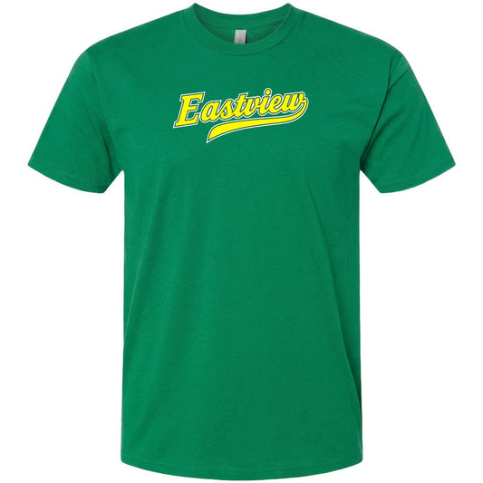 A green t-shirt with the word "Eastview" printed on it in yellow lettering.