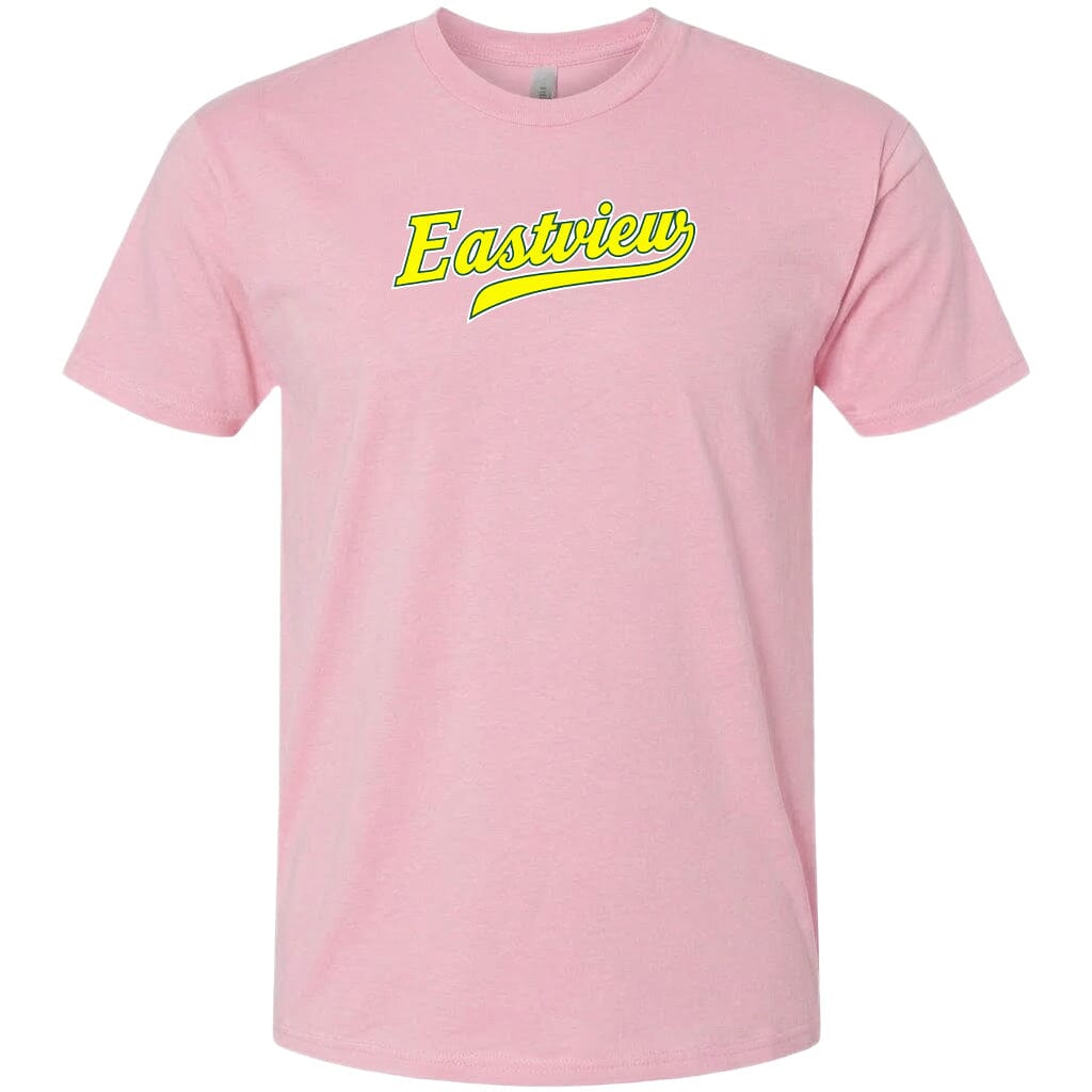 A pink t-shirt with the word "Eastview" printed in yellow on it.
