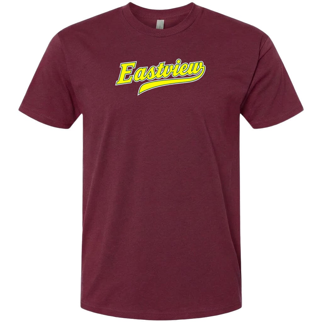 A burgundy-colored t-shirt with the word "Eastview" printed in yellow on the front.