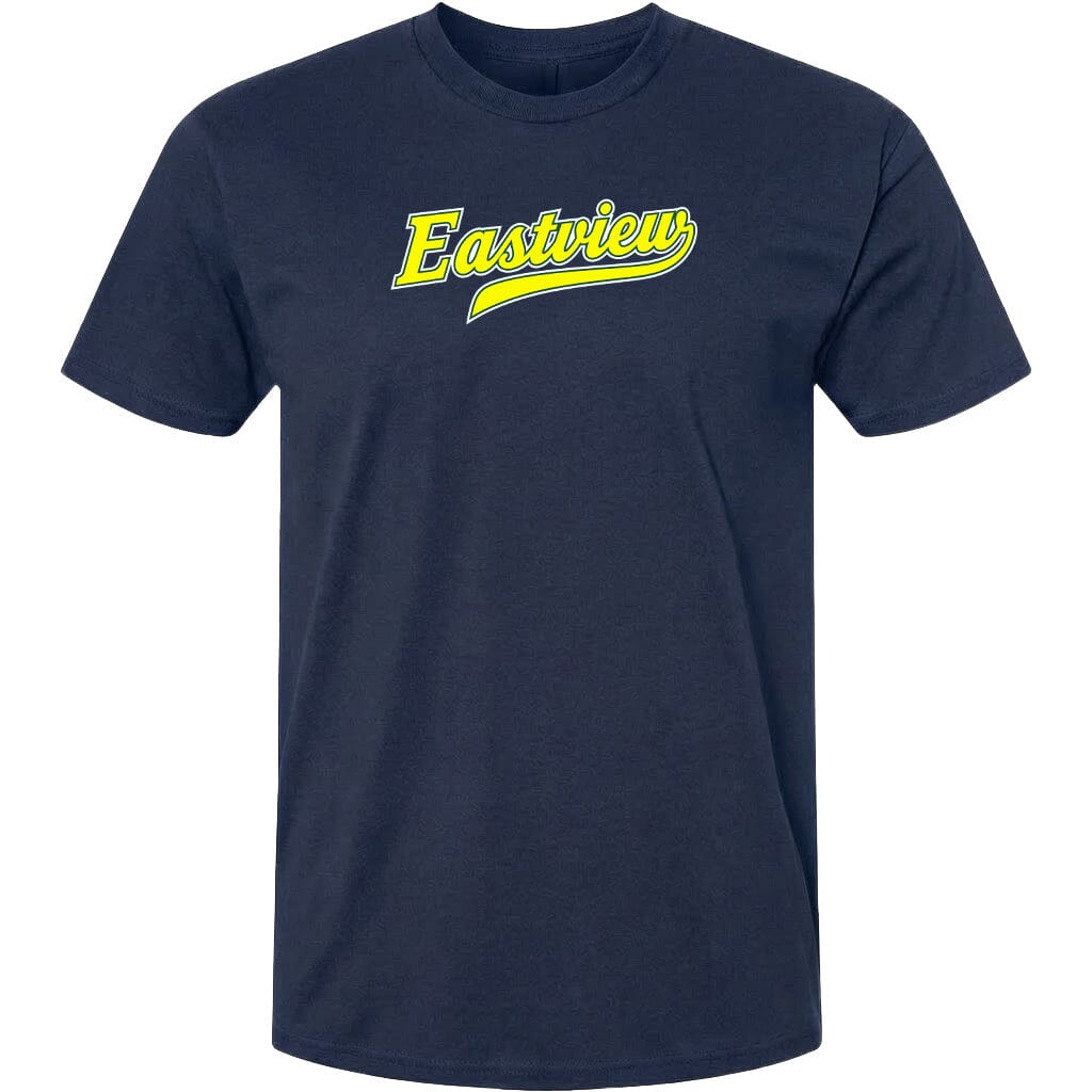 A navy blue t-shirt with the word "Eastview" printed in yellow on the front.