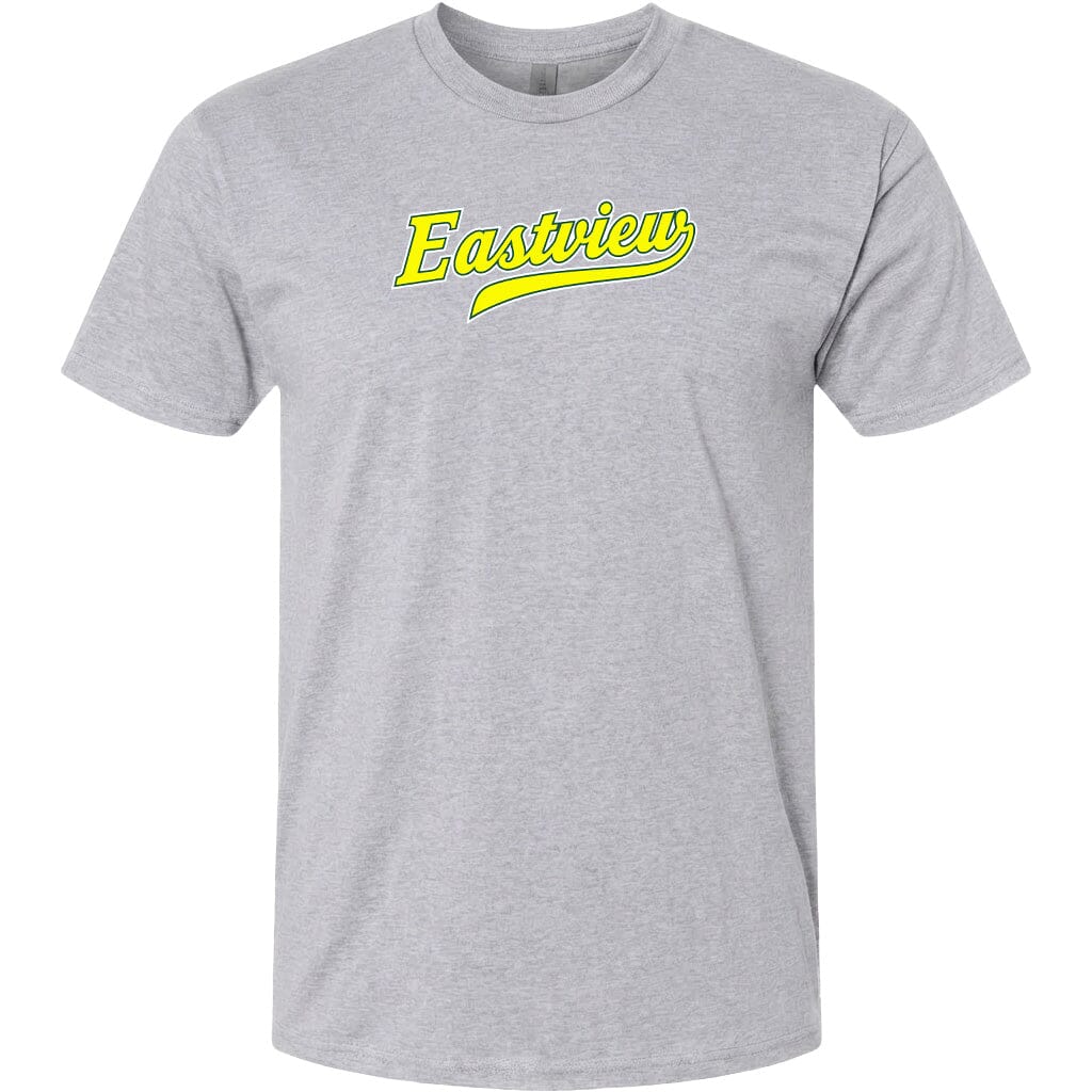 A gray t-shirt with the word "Eastview" printed in yellow on the front.