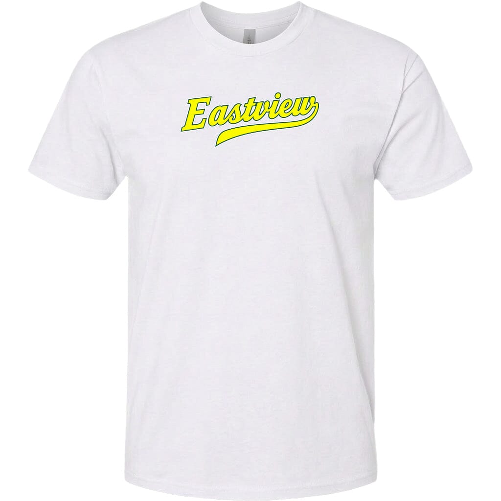 A white t-shirt with the word "Eastview" printed in yellow text across the front.
