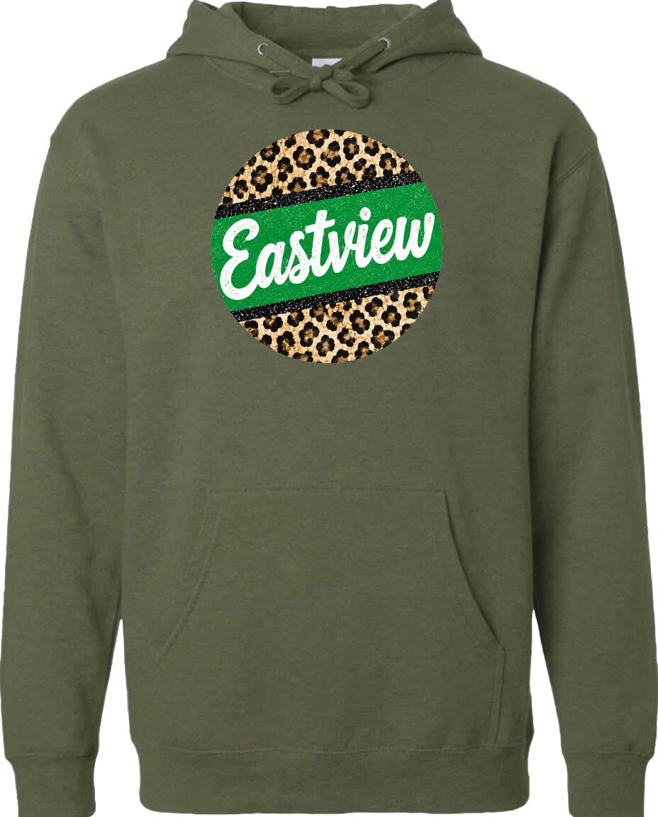 A green hoodie with a leopard print design and the word "Eastview" printed on it.
