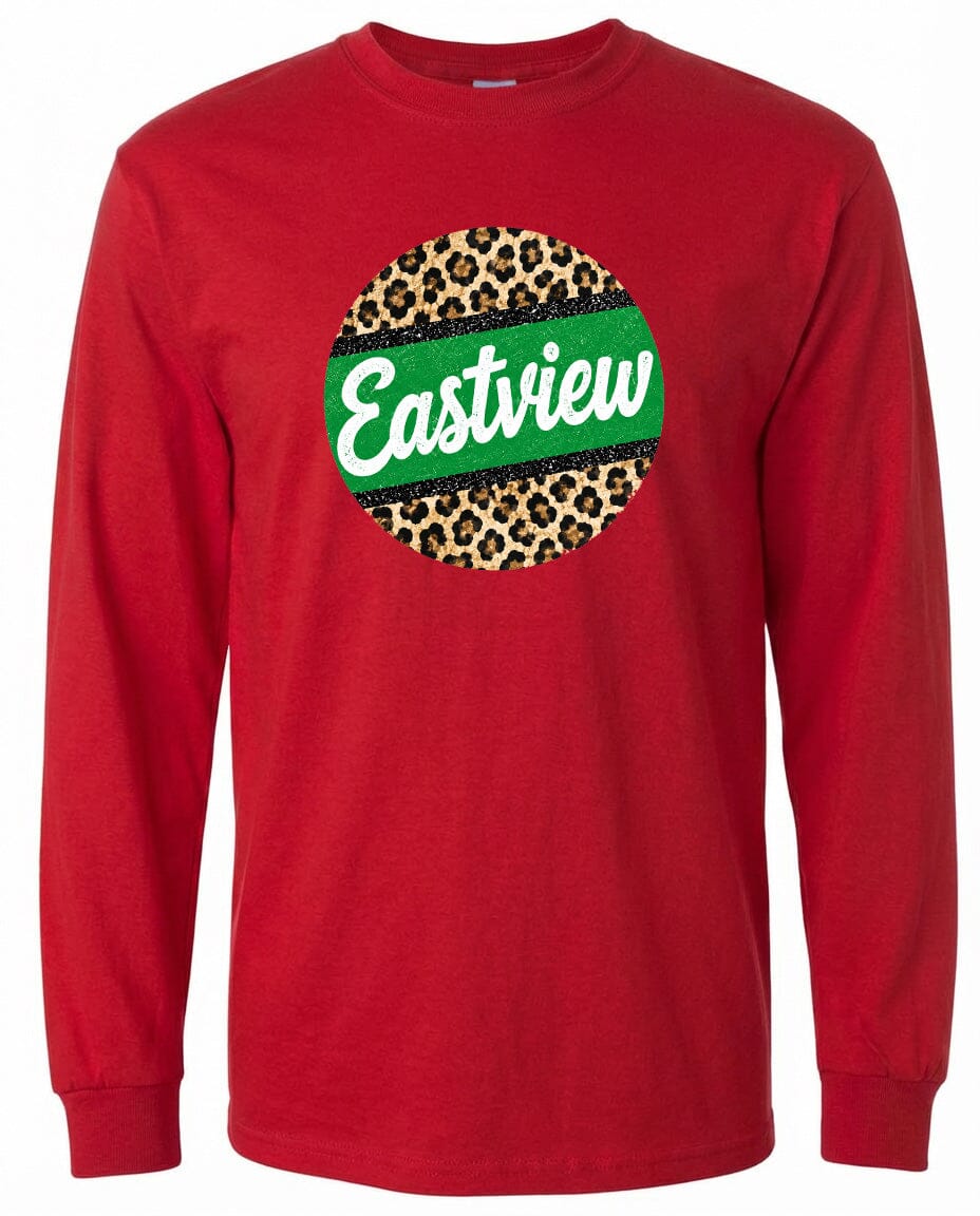 A red long-sleeved shirt with a circular logo on the front. The logo features a leopard print design with a green border.