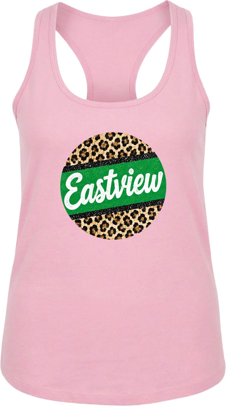 A pink tank top with a leopard print design and the word "Eastview" printed on it.