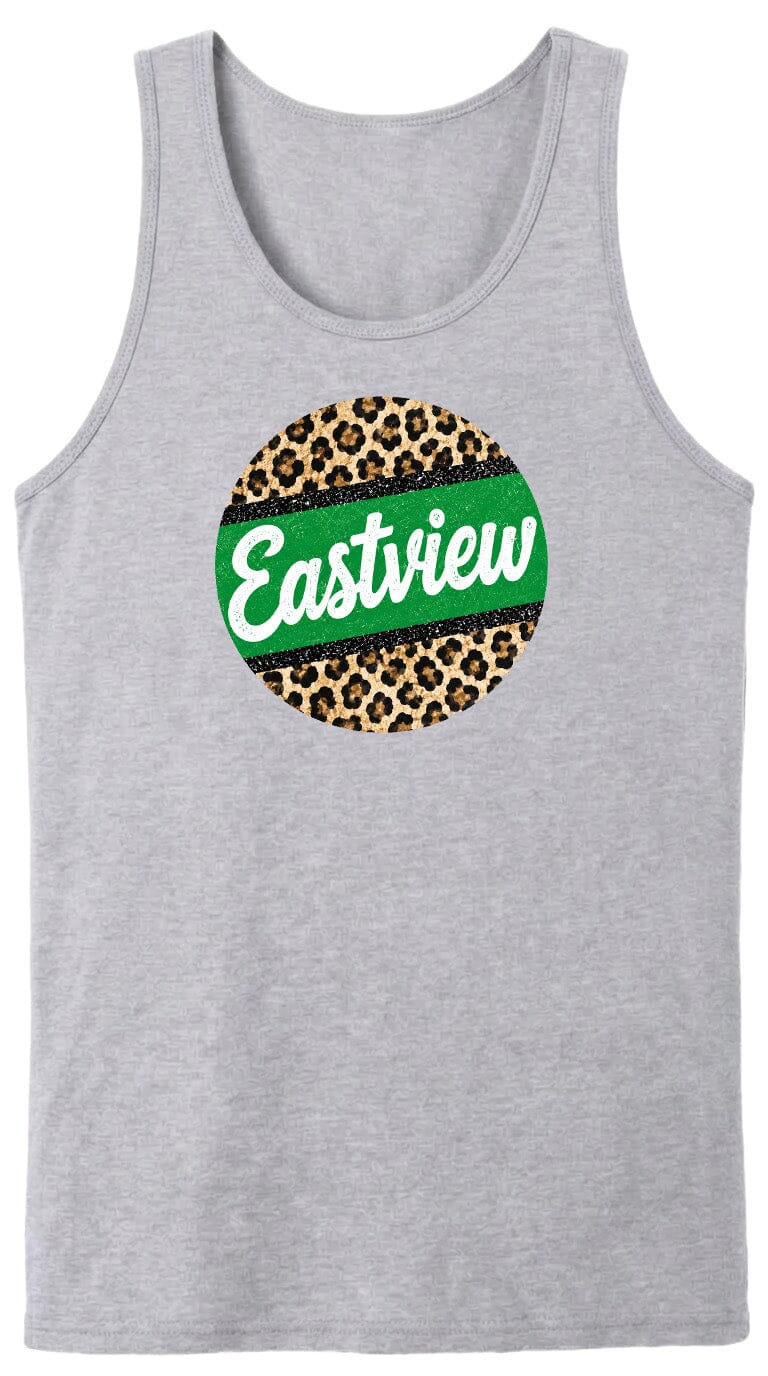 A gray tank top with a circular design featuring a leopard print pattern and the word "Eastview" written in white text.