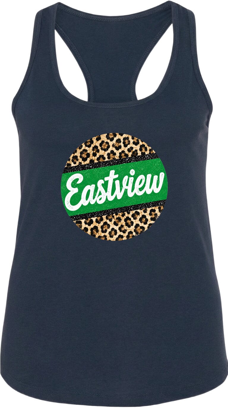 A navy blue tank top with a leopard print design and the word "Eastview" printed on it.