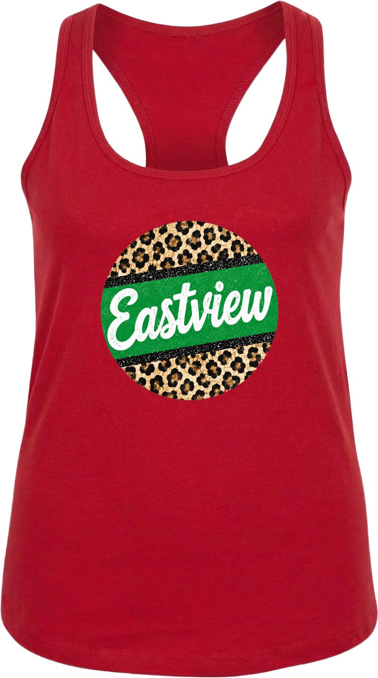 A red tank top with a leopard print design and the word "Eastview" printed on it.