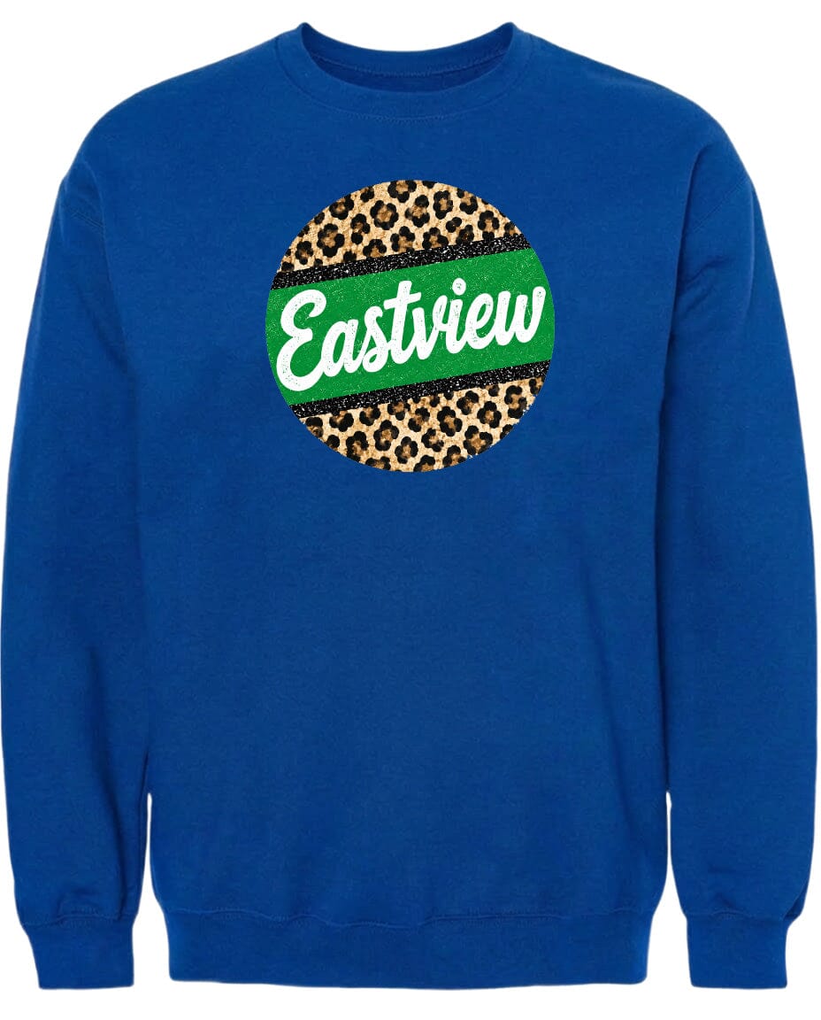 A blue sweatshirt with a leopard print design and the word "Eastview" printed on it.