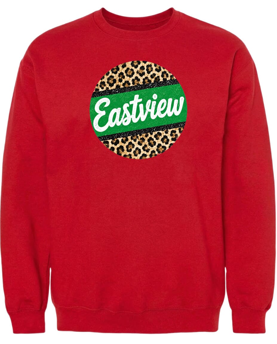 A red sweatshirt with a green and leopard print circular logo on the front.