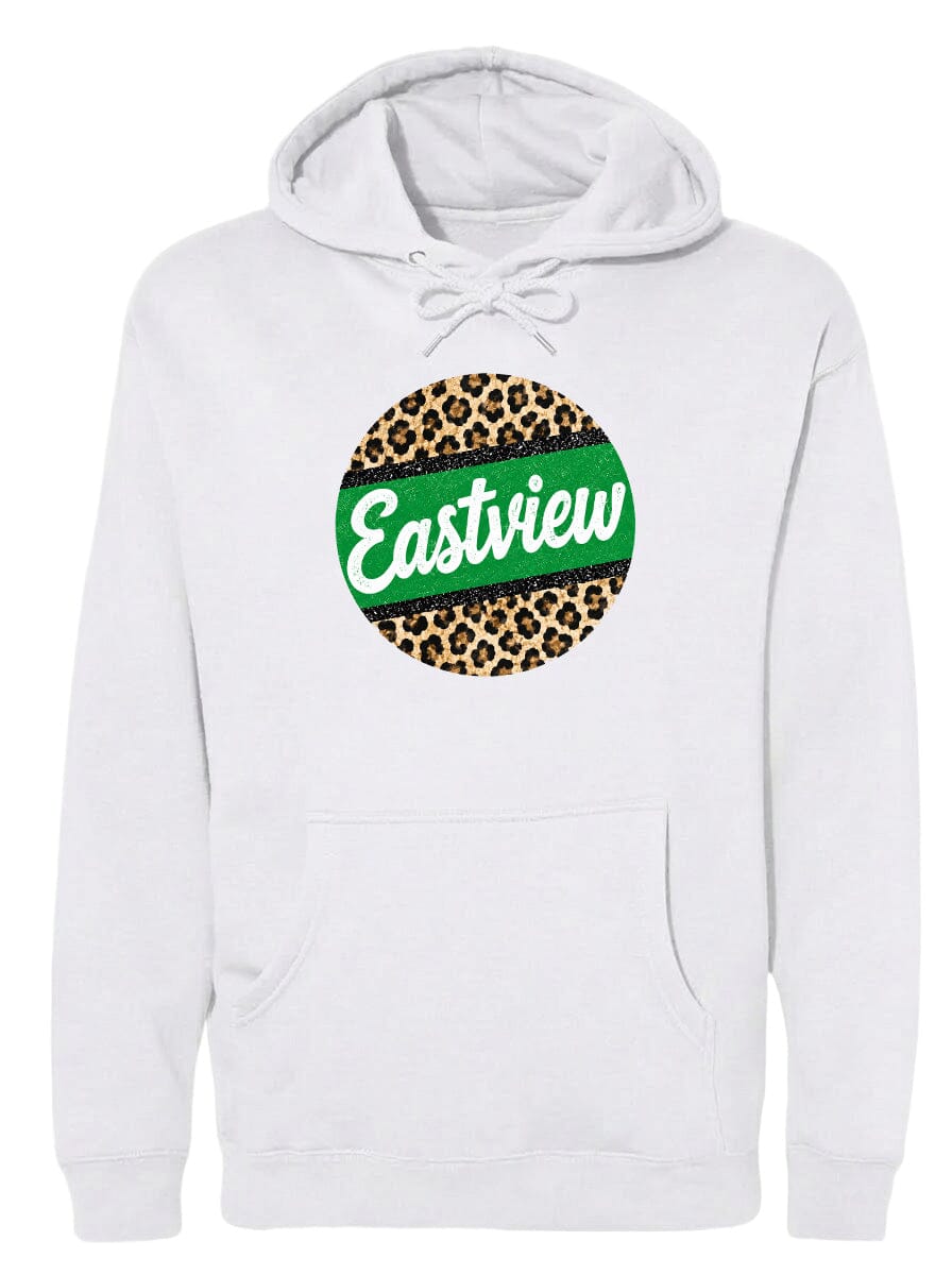 A white hoodie with a leopard print design and the word "Eastview" printed on it.