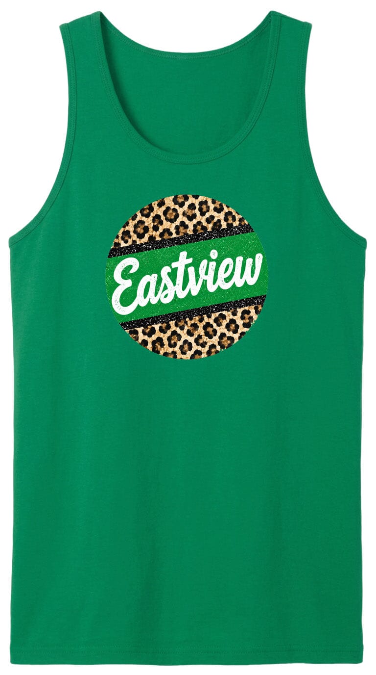 A green tank top with a leopard print design and the word "Eastview" printed on it.