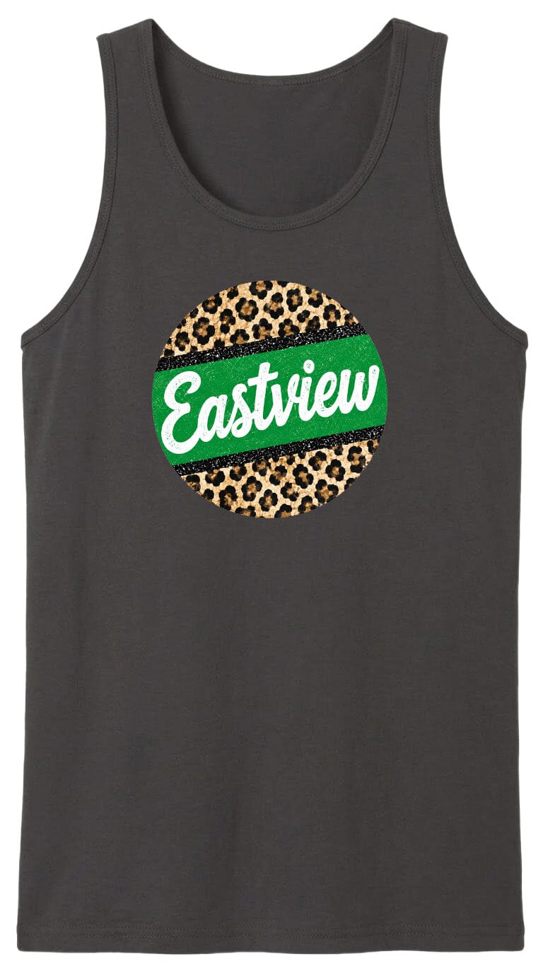 A gray tank top with a circular design featuring a leopard print pattern and the word "Eastview" written in white cursive text.