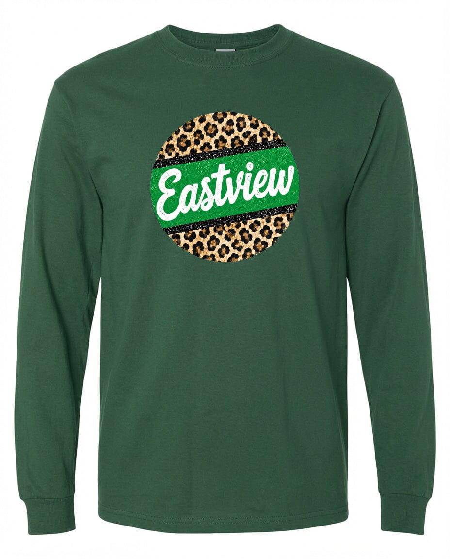 A green long-sleeved shirt with a leopard print design and the word "Eastview" printed on it.