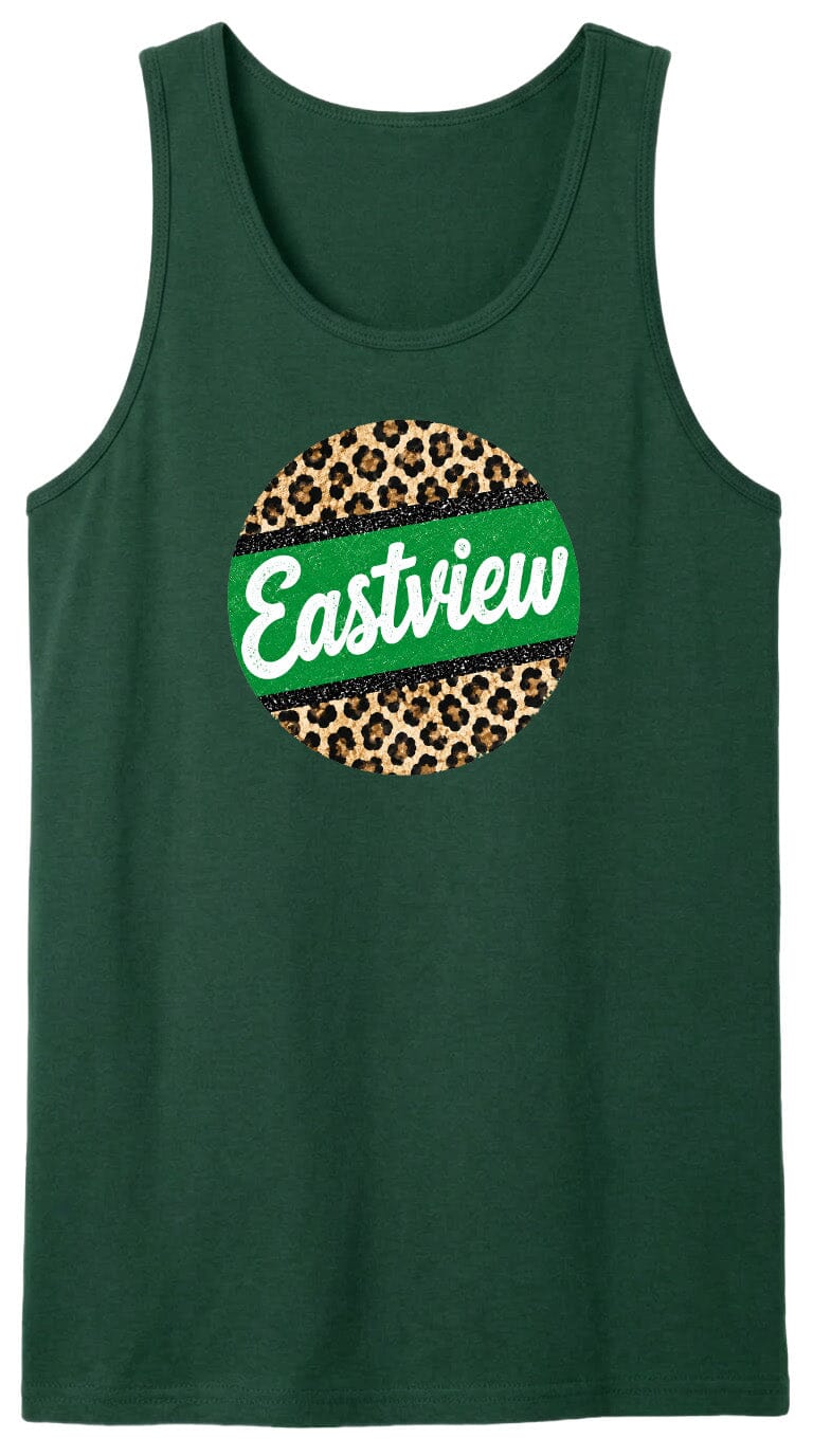 A green tank top with a leopard print design and the word "Eastview" printed on it.