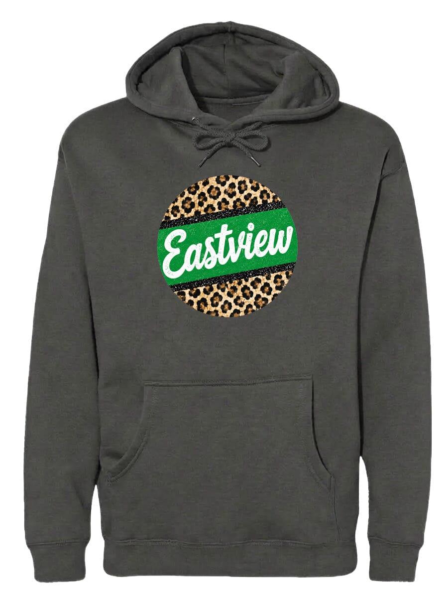 A gray hoodie with a leopard print design and the word "Eastview" printed on it.