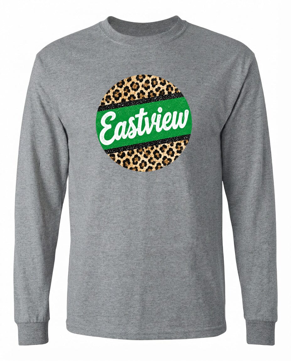 A gray long-sleeved shirt with a circular logo on the front. The logo consists of a green band with a leopard print pattern, and the word "Eastview" written in white cursive text.