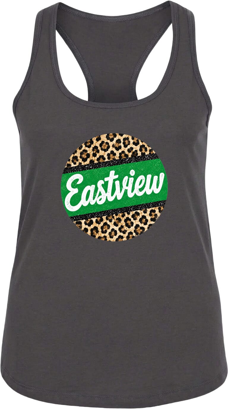 A gray tank top with a leopard print design and the word "Eastview" printed on it.