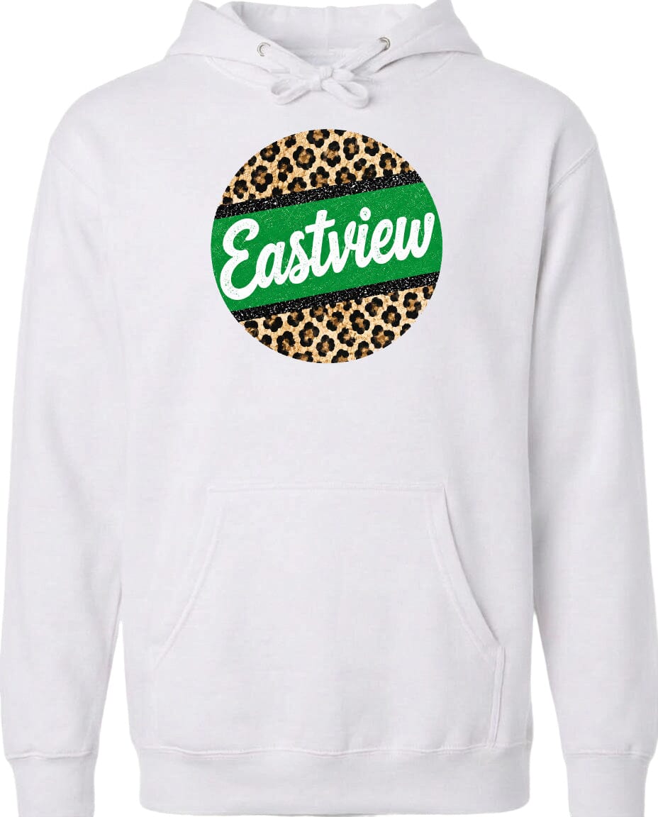 A white hoodie with a circular design featuring a leopard print pattern and the word "Eastview" written in green text.