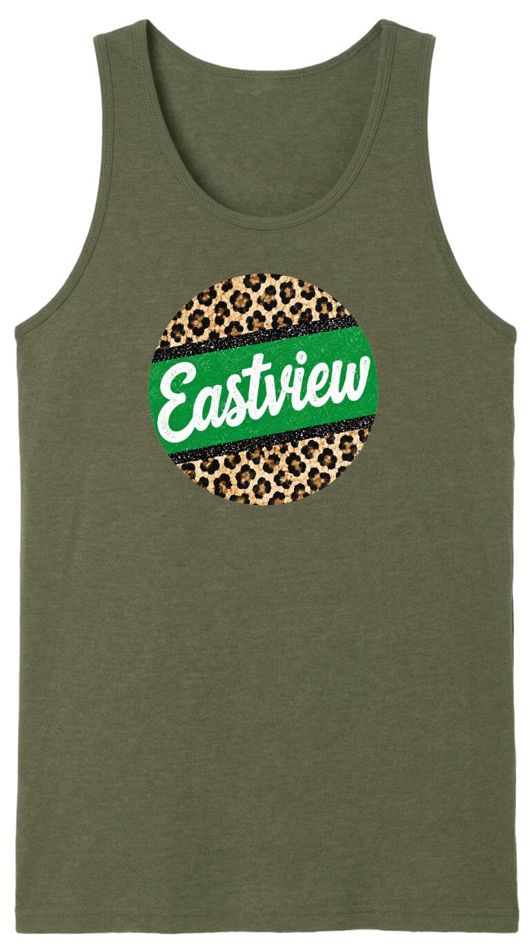 A green tank top with a circular design featuring a leopard print pattern and the word "Eastview" written in white text.