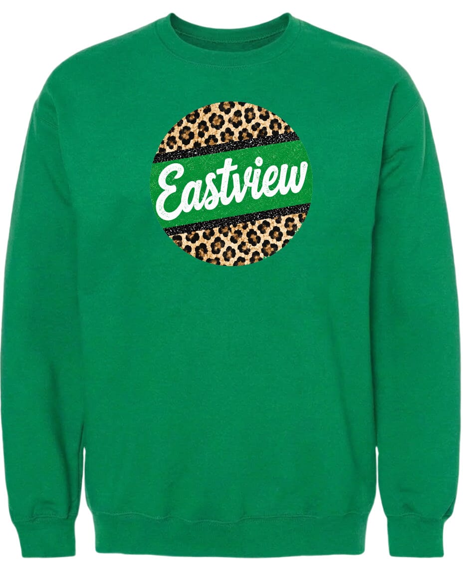 A green sweatshirt with a leopard print design and the word "Eastview" printed on it.