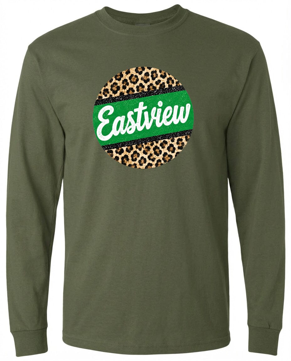 A long-sleeved olive green t-shirt with a circular graphic design on the front. The design consists of a leopard print pattern surrounding a green stripe, and the word "Eastview" is written in white cursive letters.
