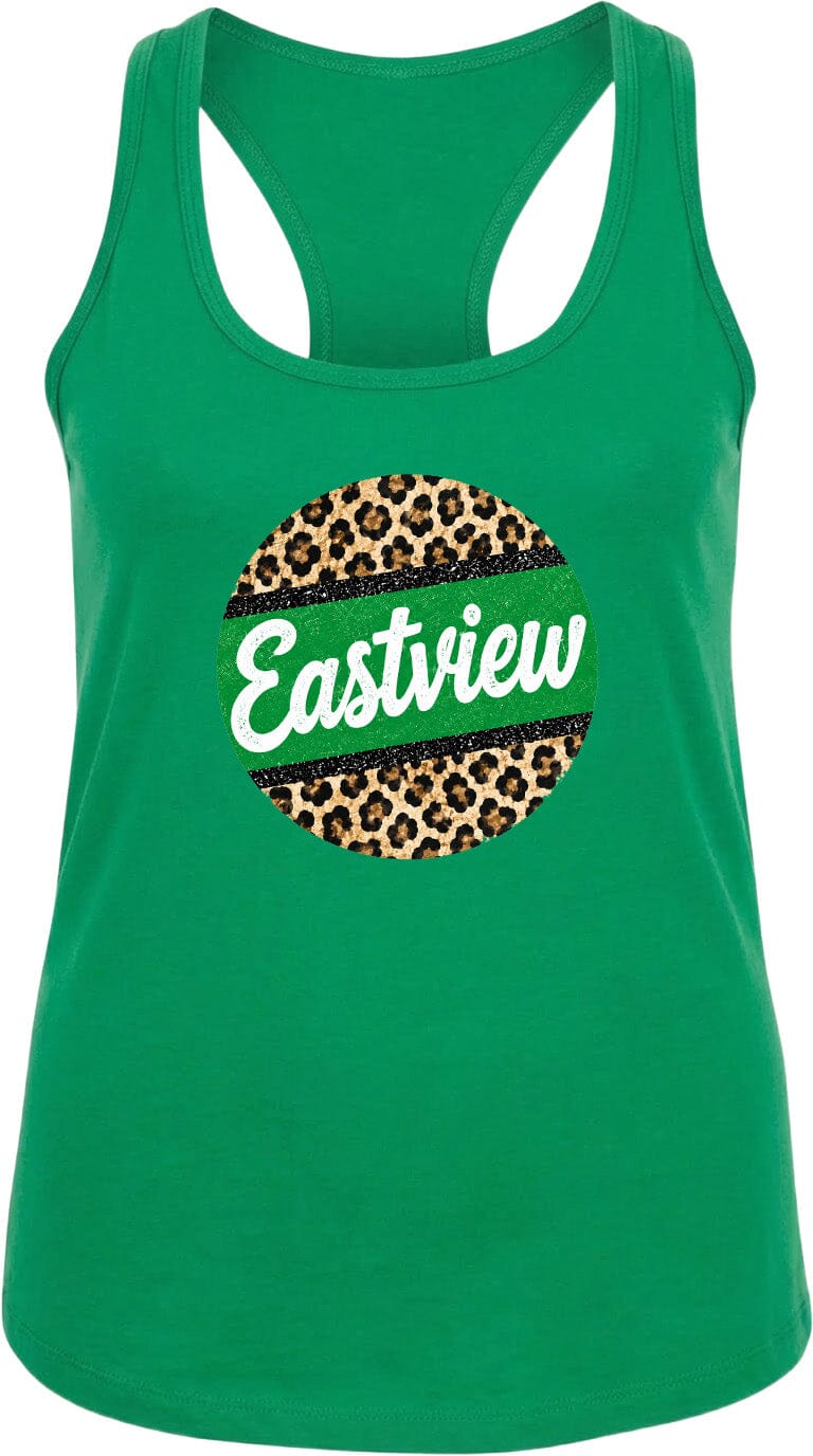 A green tank top with a leopard print design and the word "Eastview" printed on it.