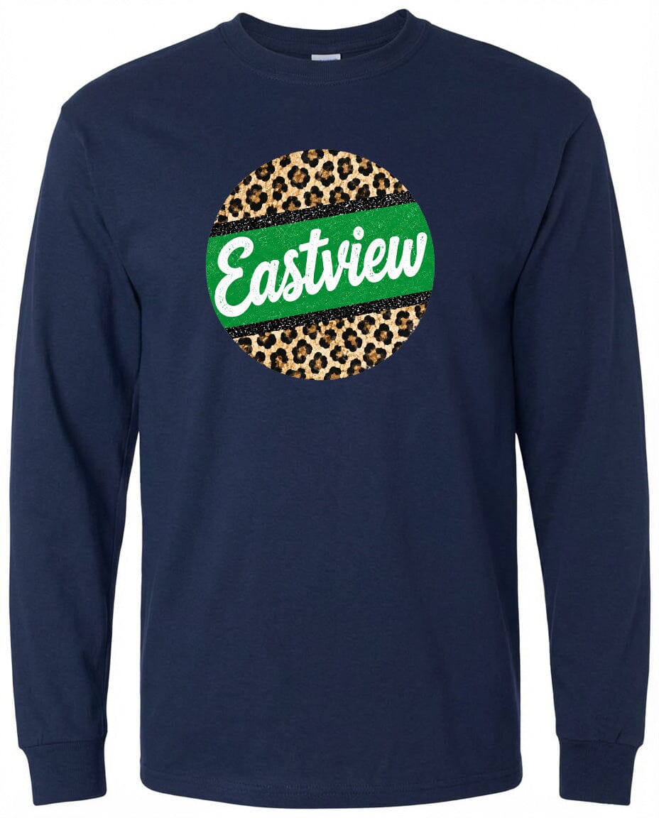 A navy blue long-sleeved shirt with a circular logo on the front. The logo features a leopard print design with a green stripe around it.