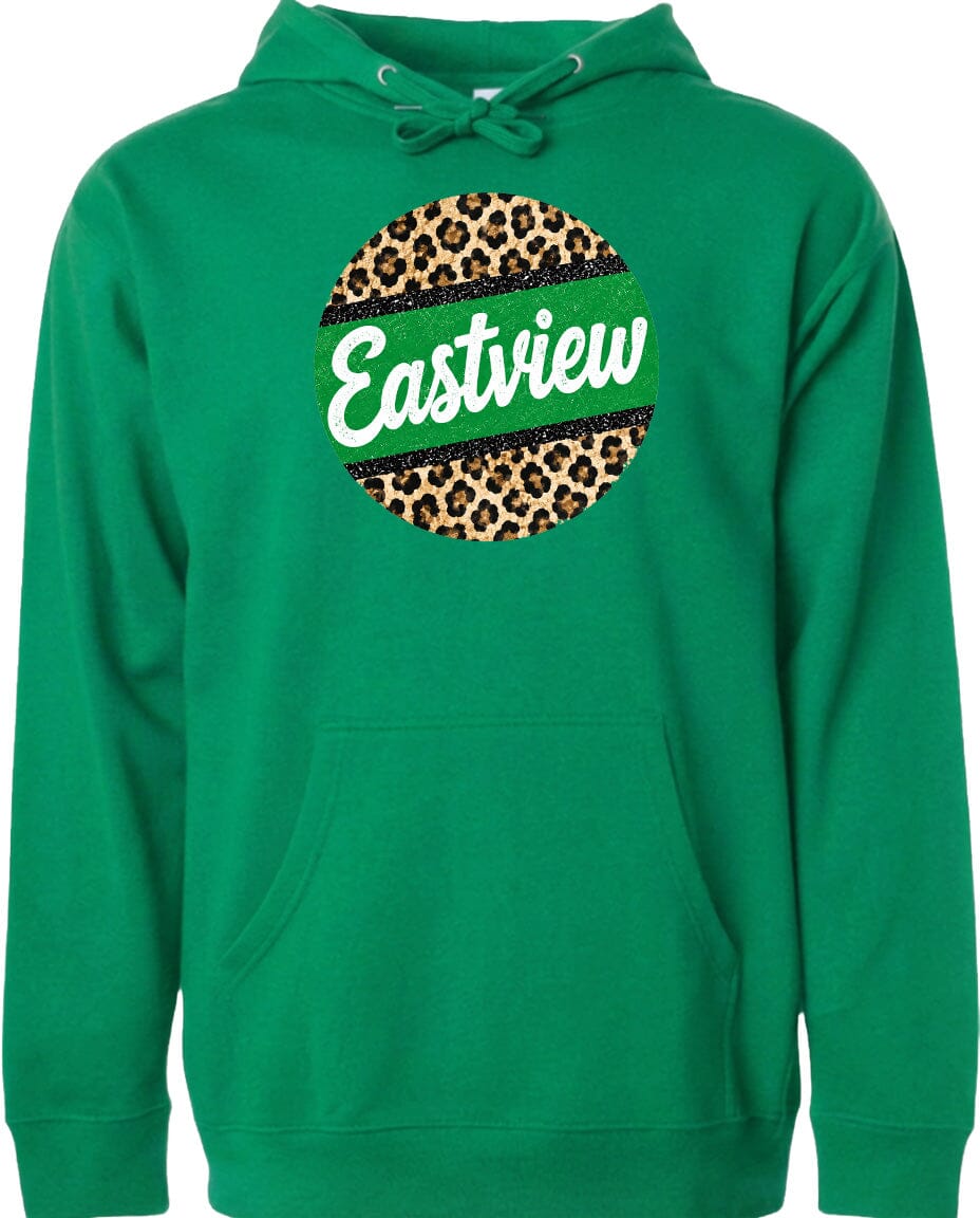 A green hoodie with a leopard print design and the word "Eastview" printed on it.