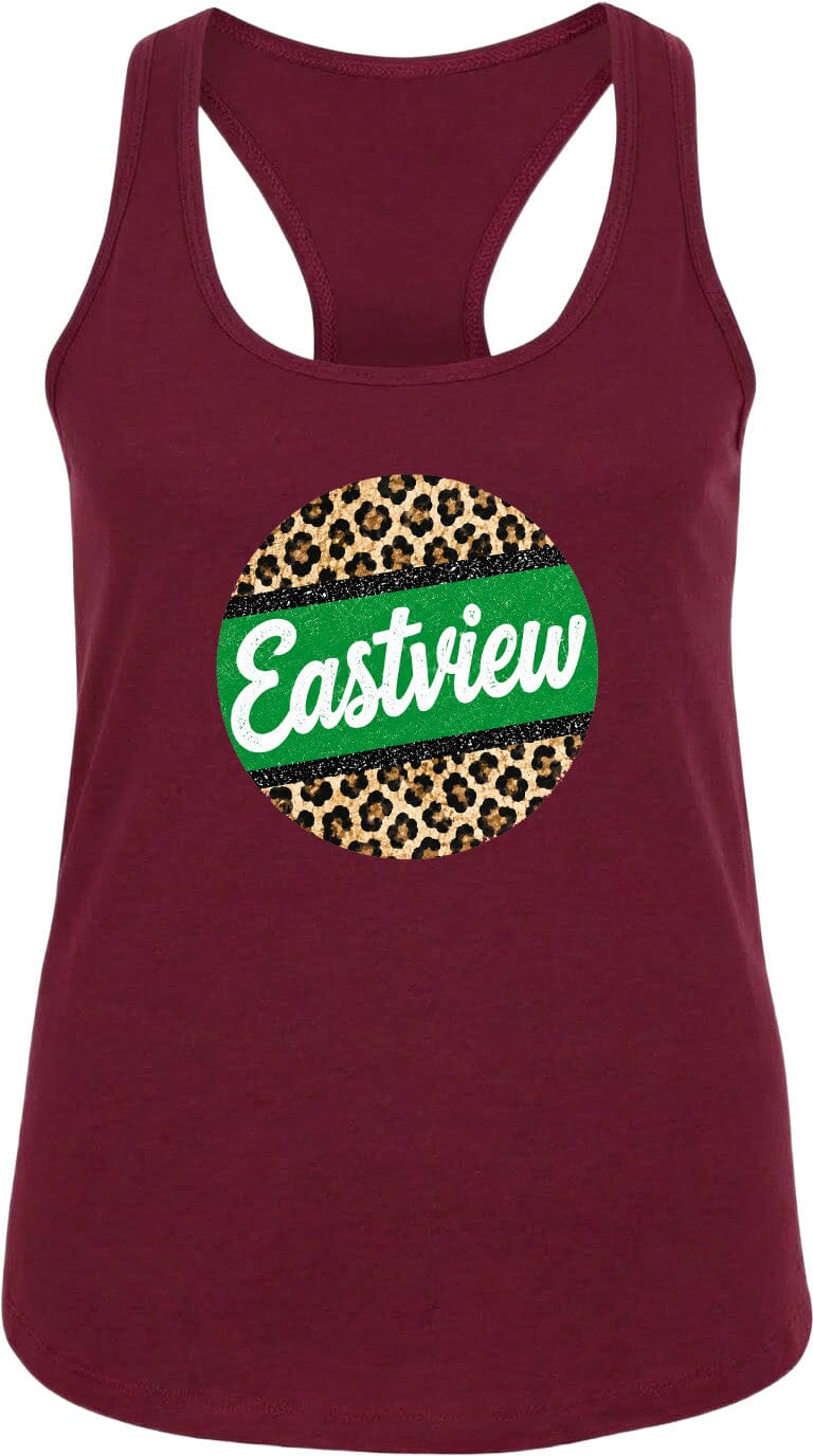 A burgundy tank top with a leopard print design and the word "Eastview" printed on it.