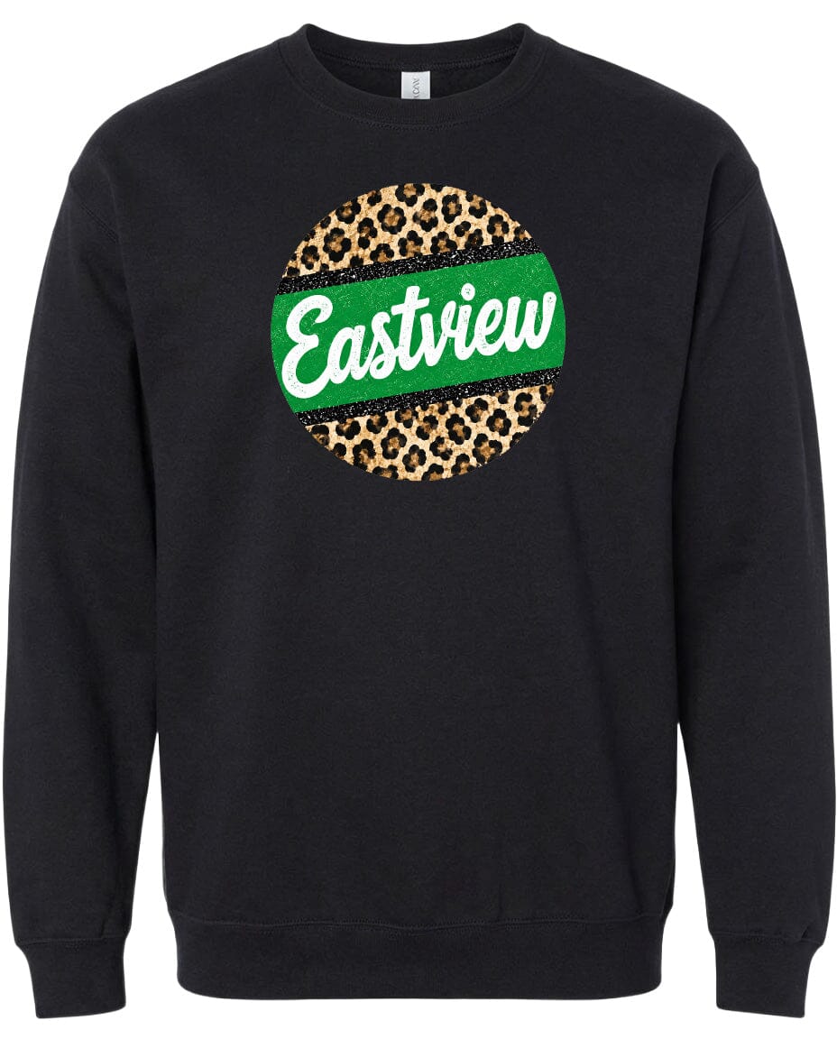A black sweatshirt with a circular design featuring a leopard print pattern and the word "Eastview" written in white text.