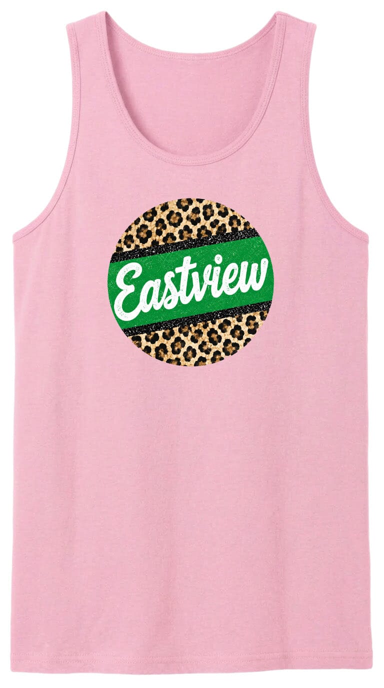 A pink tank top with a circular design featuring a leopard print pattern and the word "Eastview" written in white text.