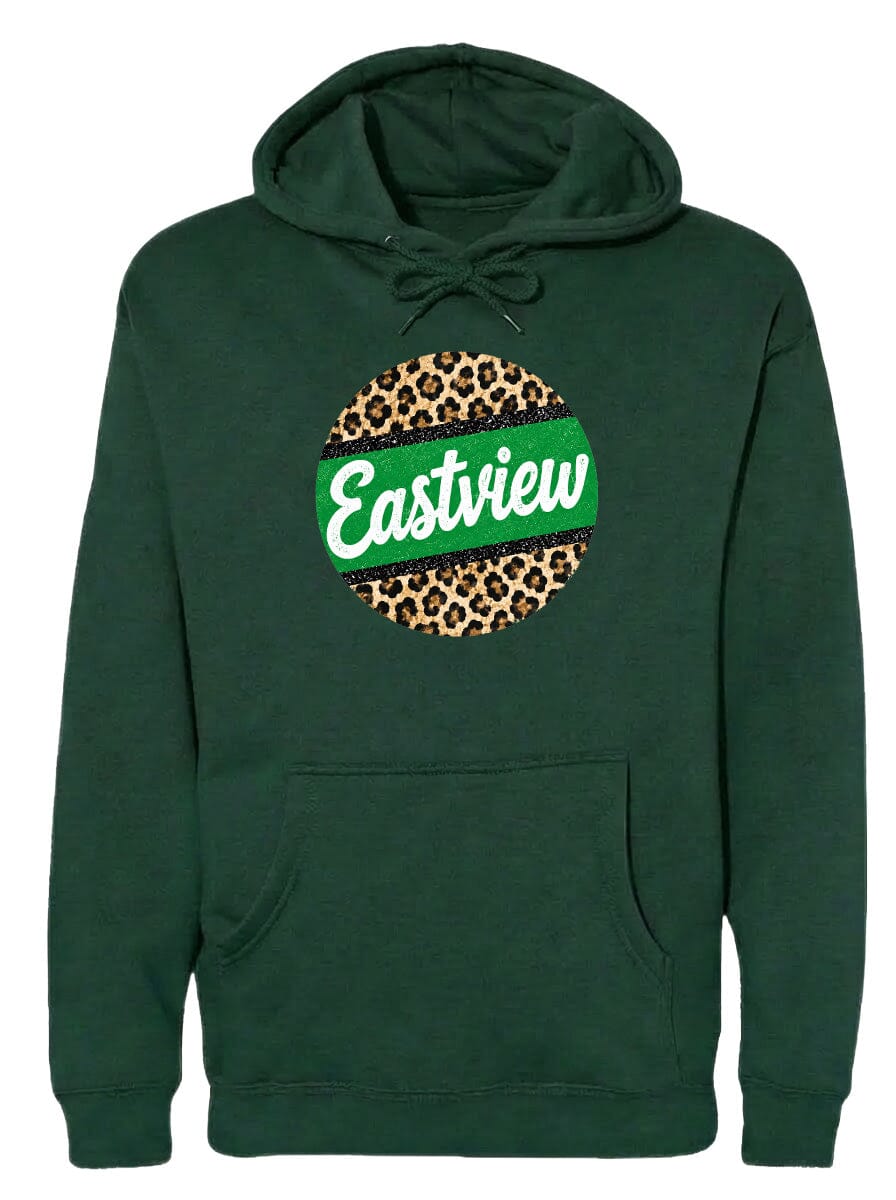A dark green hoodie with a leopard print design and the word "Eastview" printed on it.