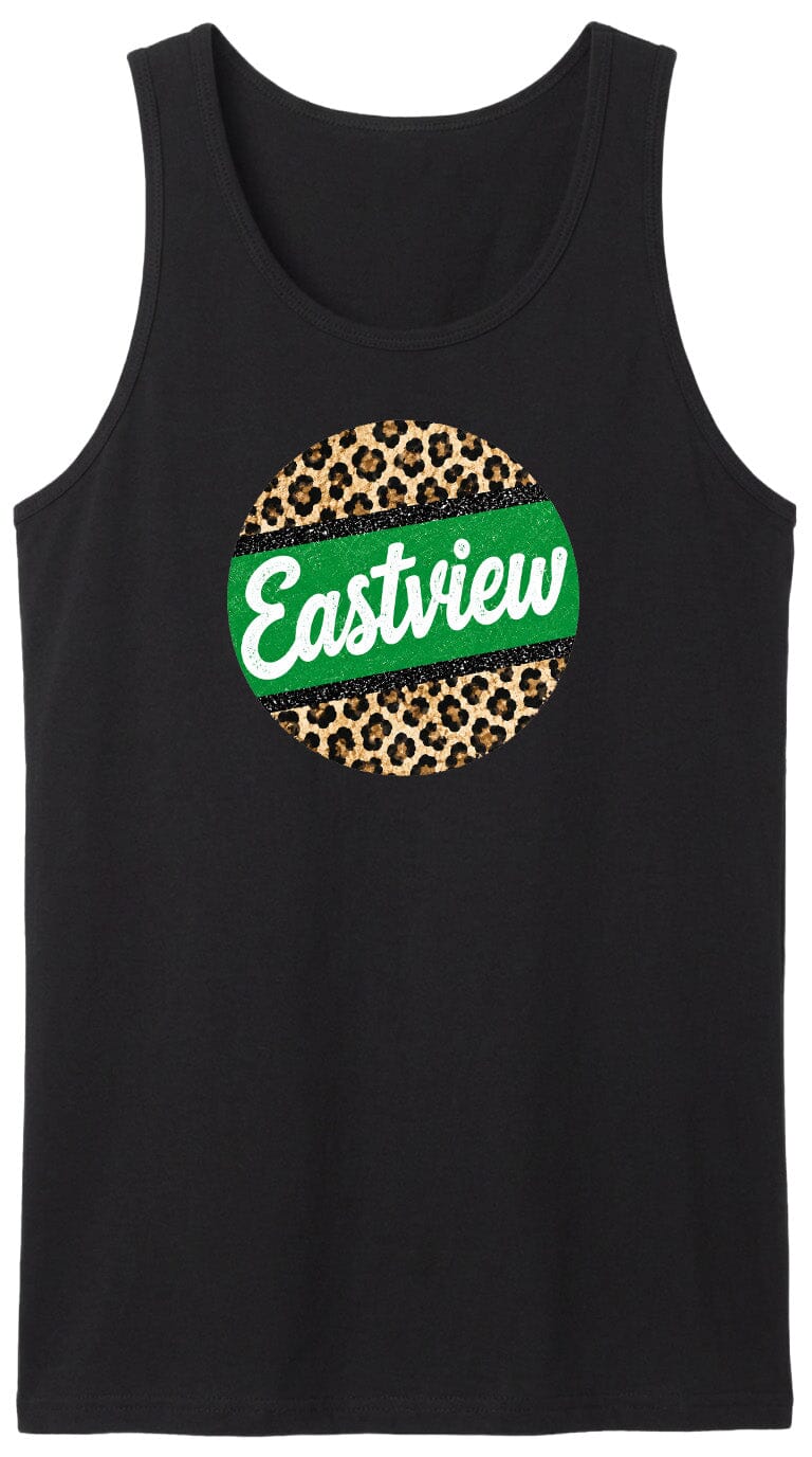 A black tank top with a green and leopard print circular logo on it.