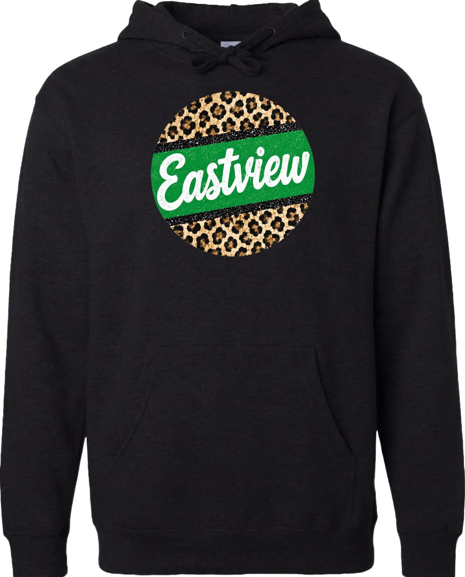 A black hoodie with a leopard print design and the word "Eastview" printed on it.