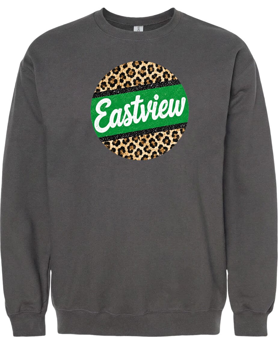 A gray sweatshirt with a circular design featuring a leopard print pattern and the word "Eastview" written in green text.