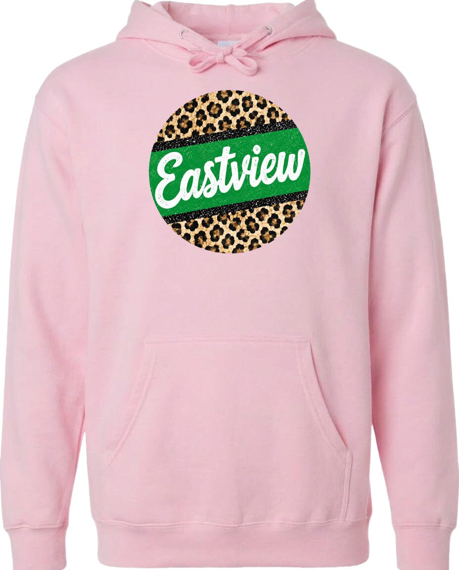 A pink hoodie with a leopard print design and the word "Eastview" printed on it.
