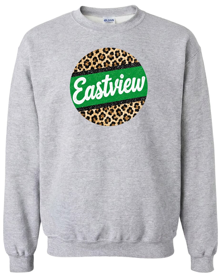 A gray sweatshirt with a circular design on the front featuring a leopard print pattern and the word "Eastview" written in white text.