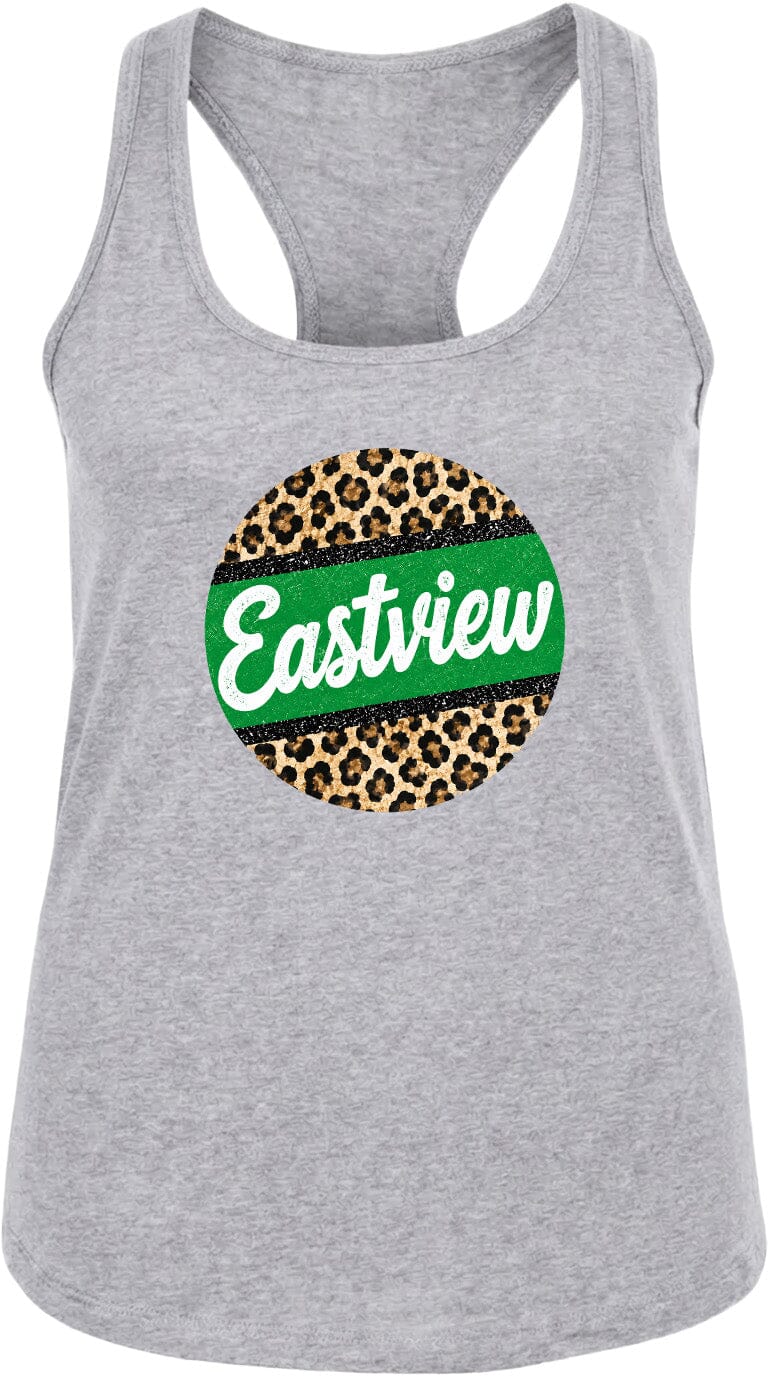 A gray tank top with a leopard print design and the word "Eastview" printed on it.