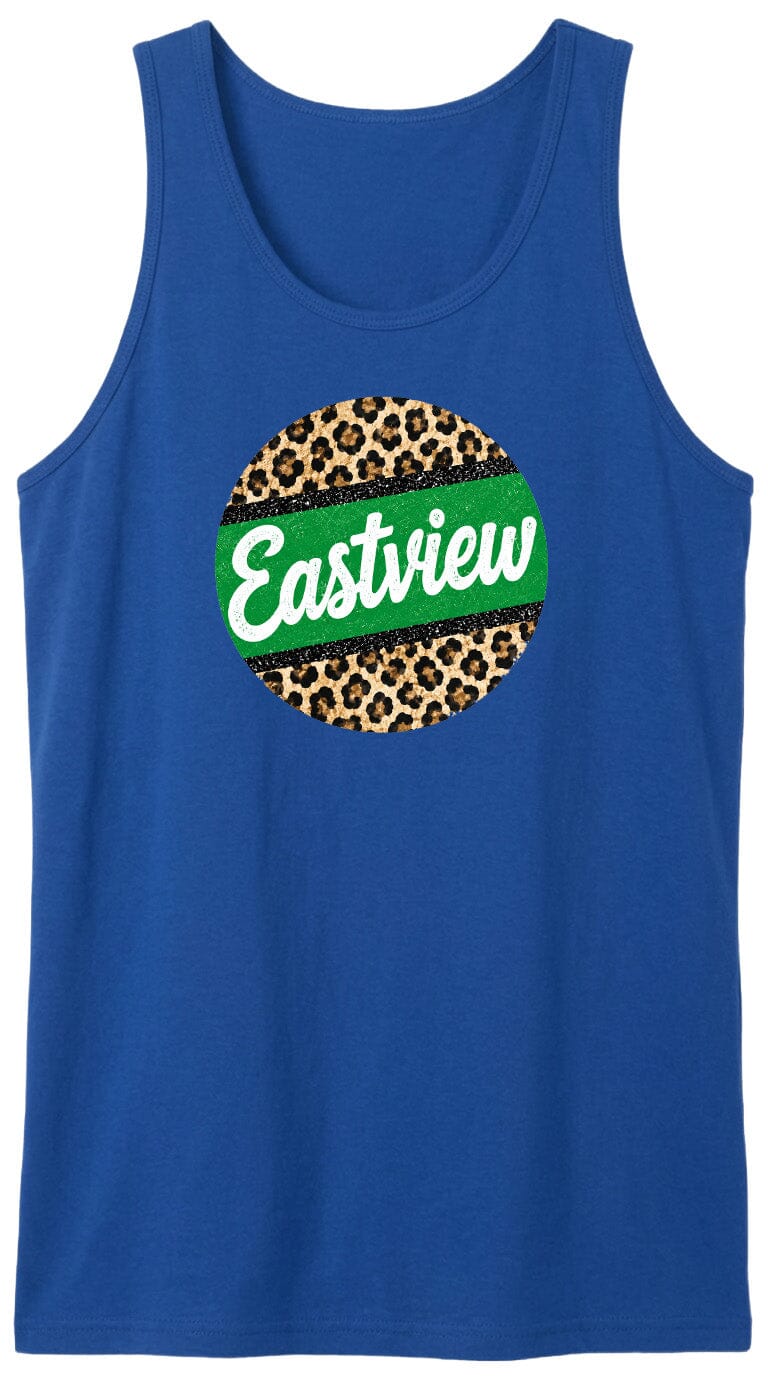 A blue tank top with a leopard print design and the word "Eastview" printed on it.